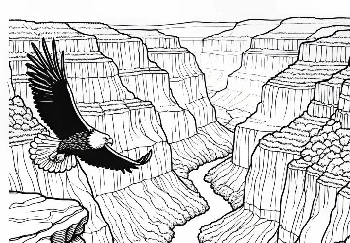 Eagle circles over the canyon gorge – Free coloring template