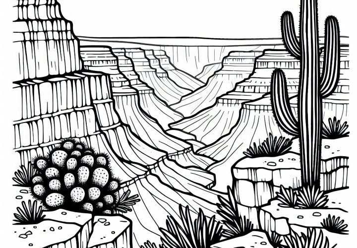 Кактус и суха местност на ръба на каньона – Оцветяваща страница безплатно