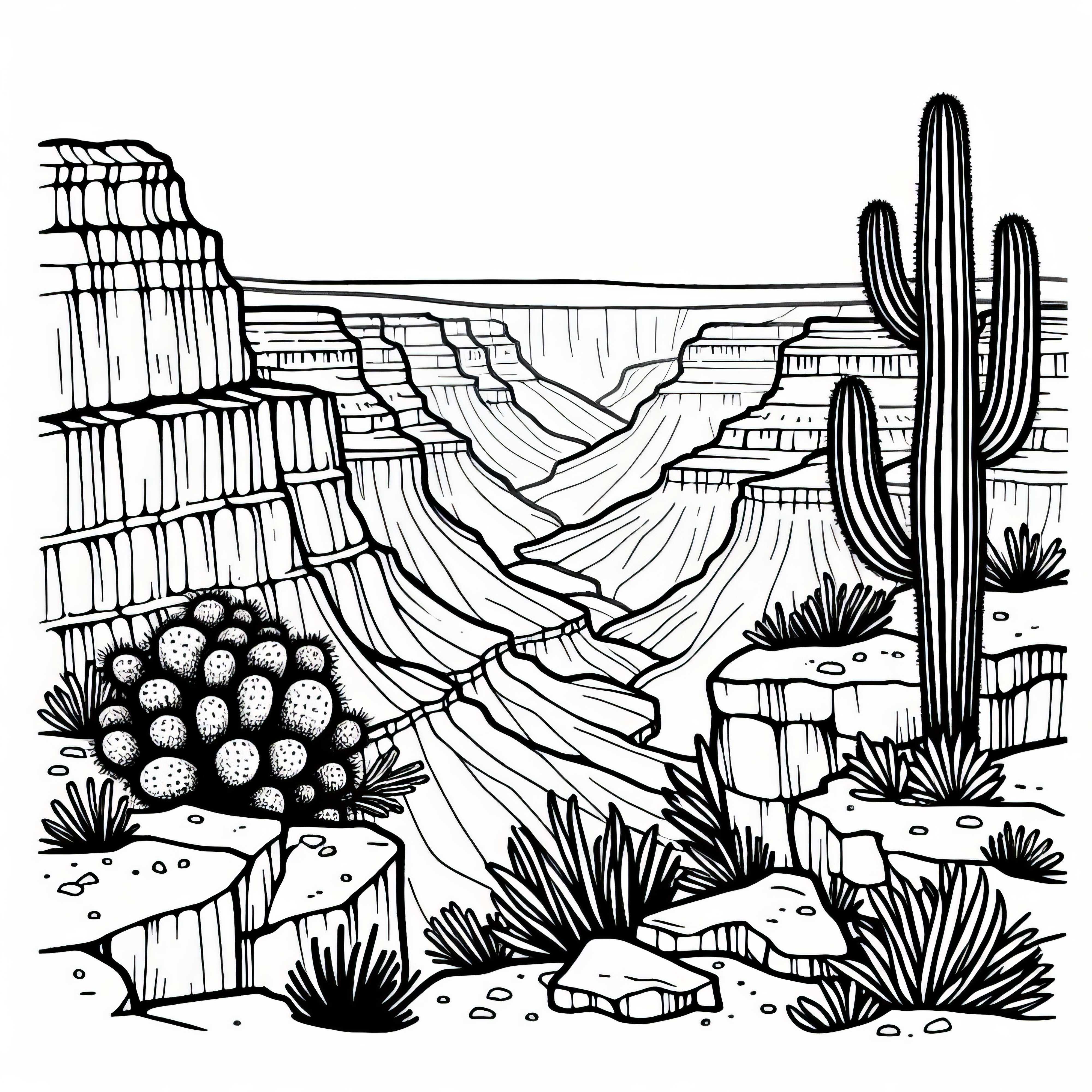 Кактус и сухоземна пейзаж на ръба на каньон - Оцветяваща картина безплатно Кактус и сухоземна пейзаж на ръба на каньон - Безплатна картина за оцветяване
