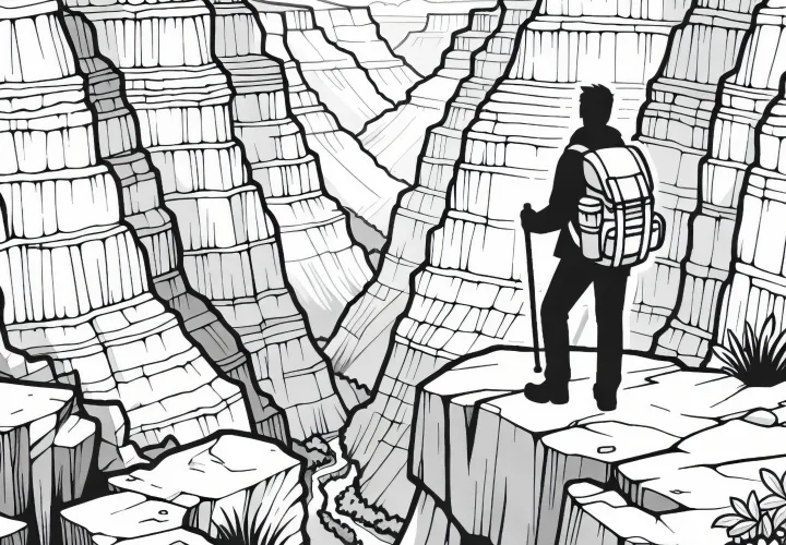 Wanderer stands on a rocky ledge of a canyon – Free coloring page
