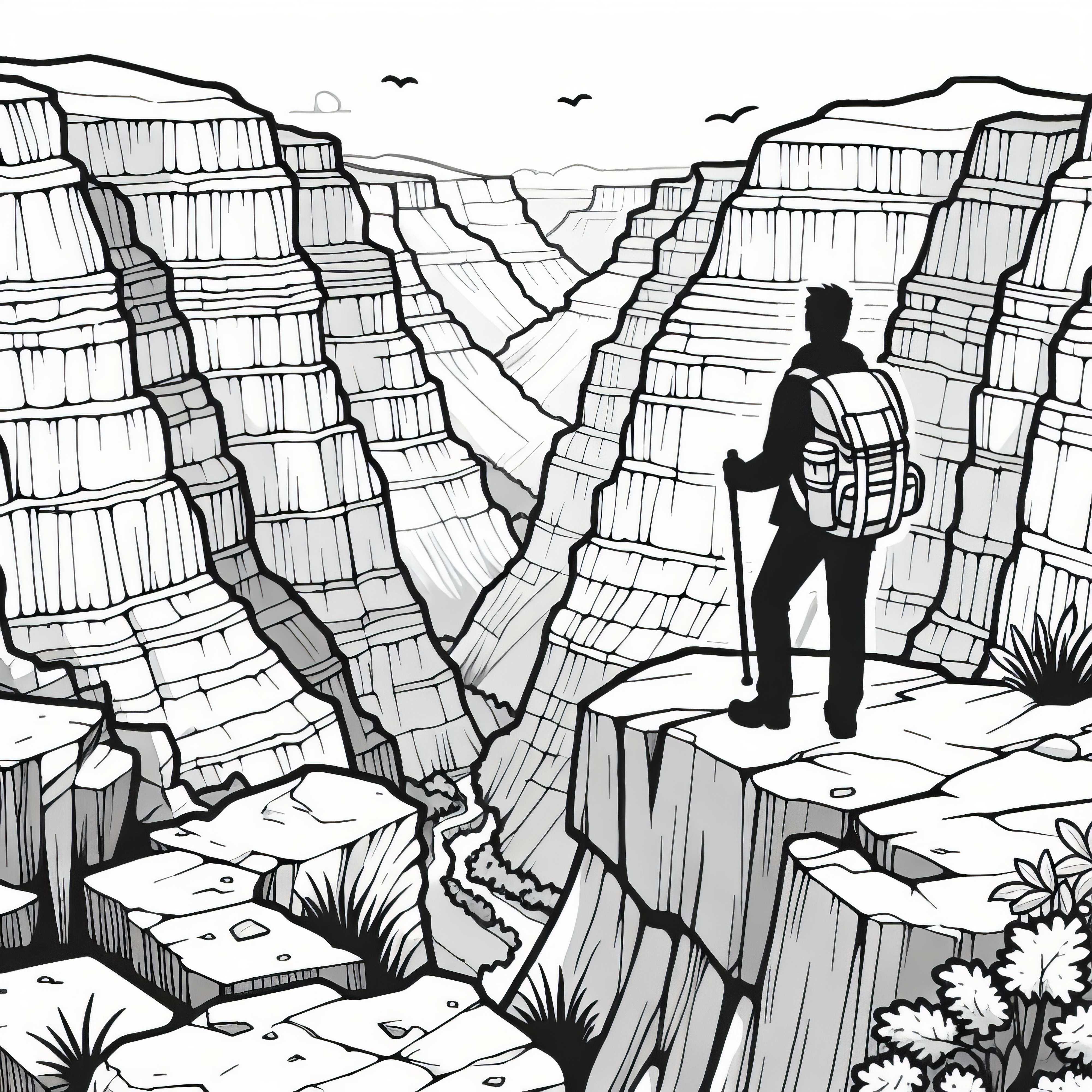 Турист стои на скалисто ръбче на каньон – безплатна оцветяваща картина Проходилец стои на скален ръб на каньон - безплатна картинка за оцветяване