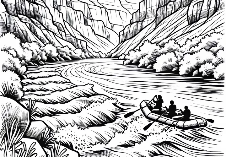 Rafting in the river of a canyon – Free coloring page