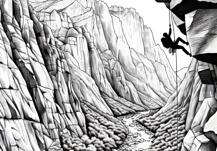 Climbers on a steep rock face of a canyon - Free coloring page