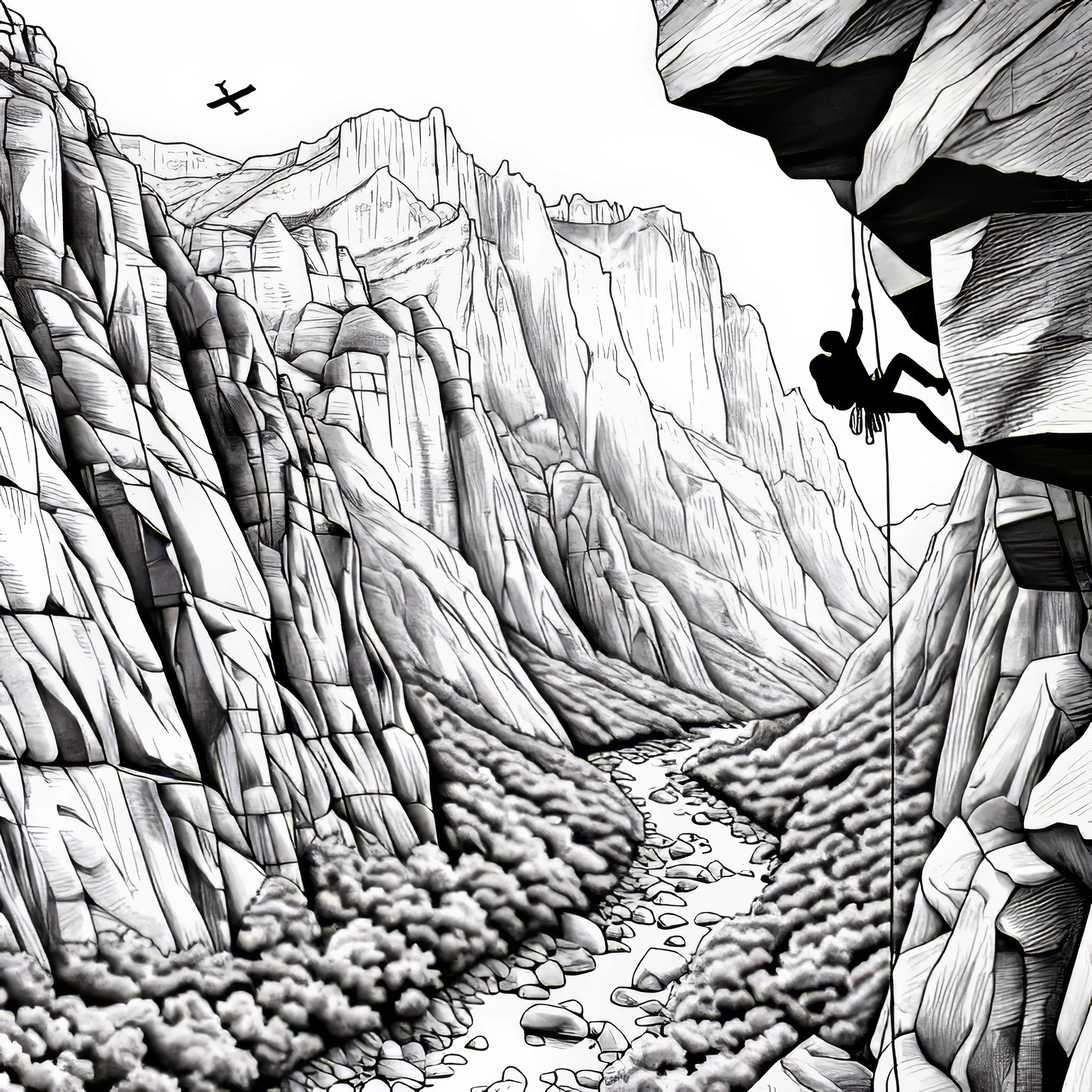 Катерач на стръмен скален стена на каньон - Безплатна рисунка за оцветяване Алпинист на стръмна скална стена на каньон - Безплатна оцветяваща книга