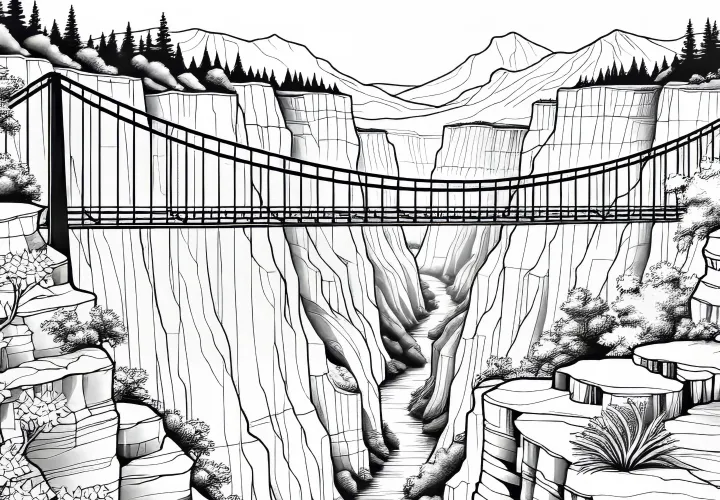 Gorge with suspension bridge over the abyss of a canyon – free coloring page
