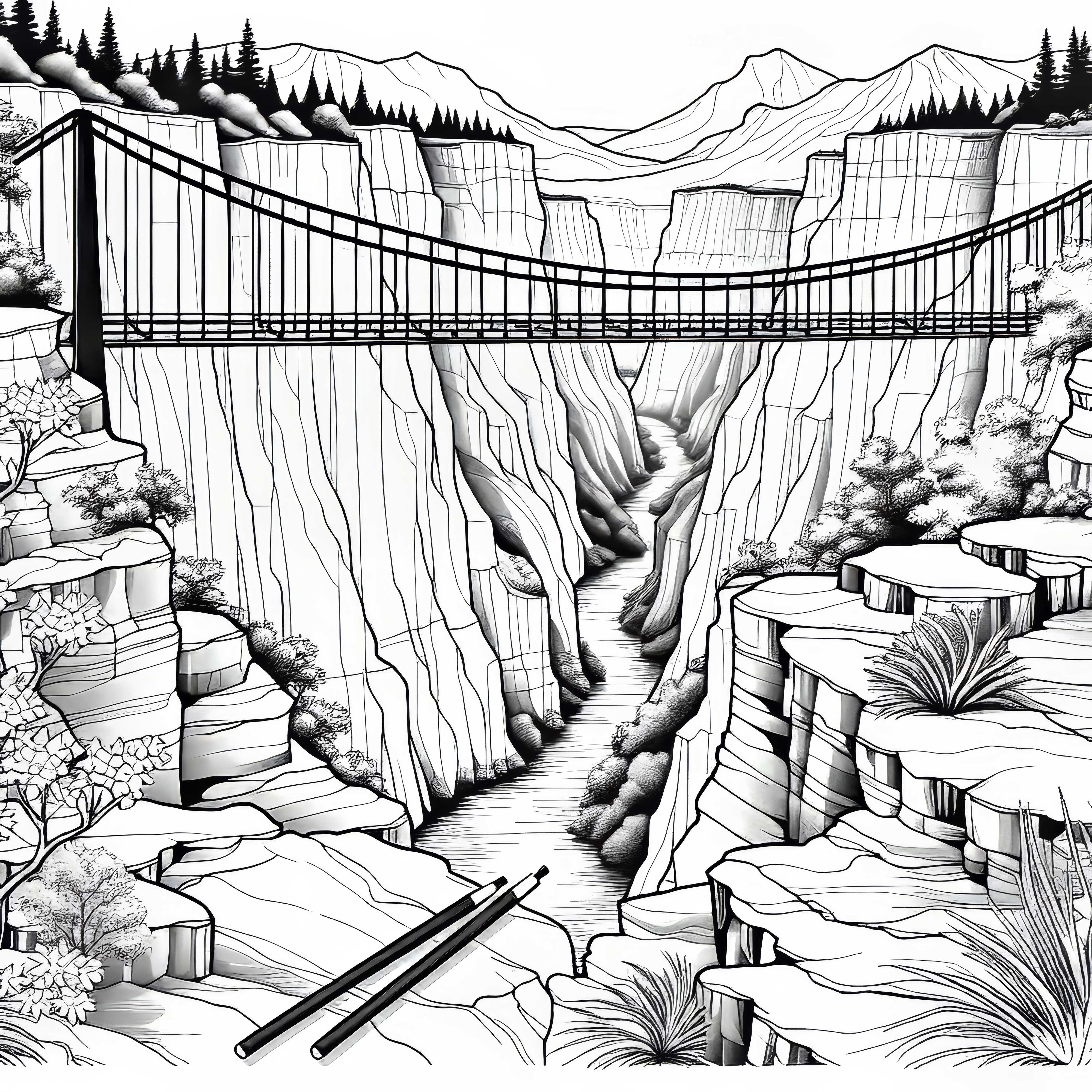 Каньон с висяч мост над пропастта – Безплатна рисунка за оцветяване Каньон с висяв мост над пропастта – безплатна рисунка за оцветяване