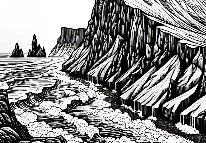 Steilküste mit tosenden Wellen – Ausmalbild kostenlos