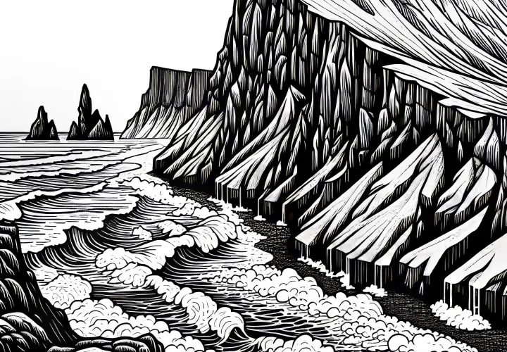 Steilküste mit tosenden Wellen – Ausmalbild kostenlos