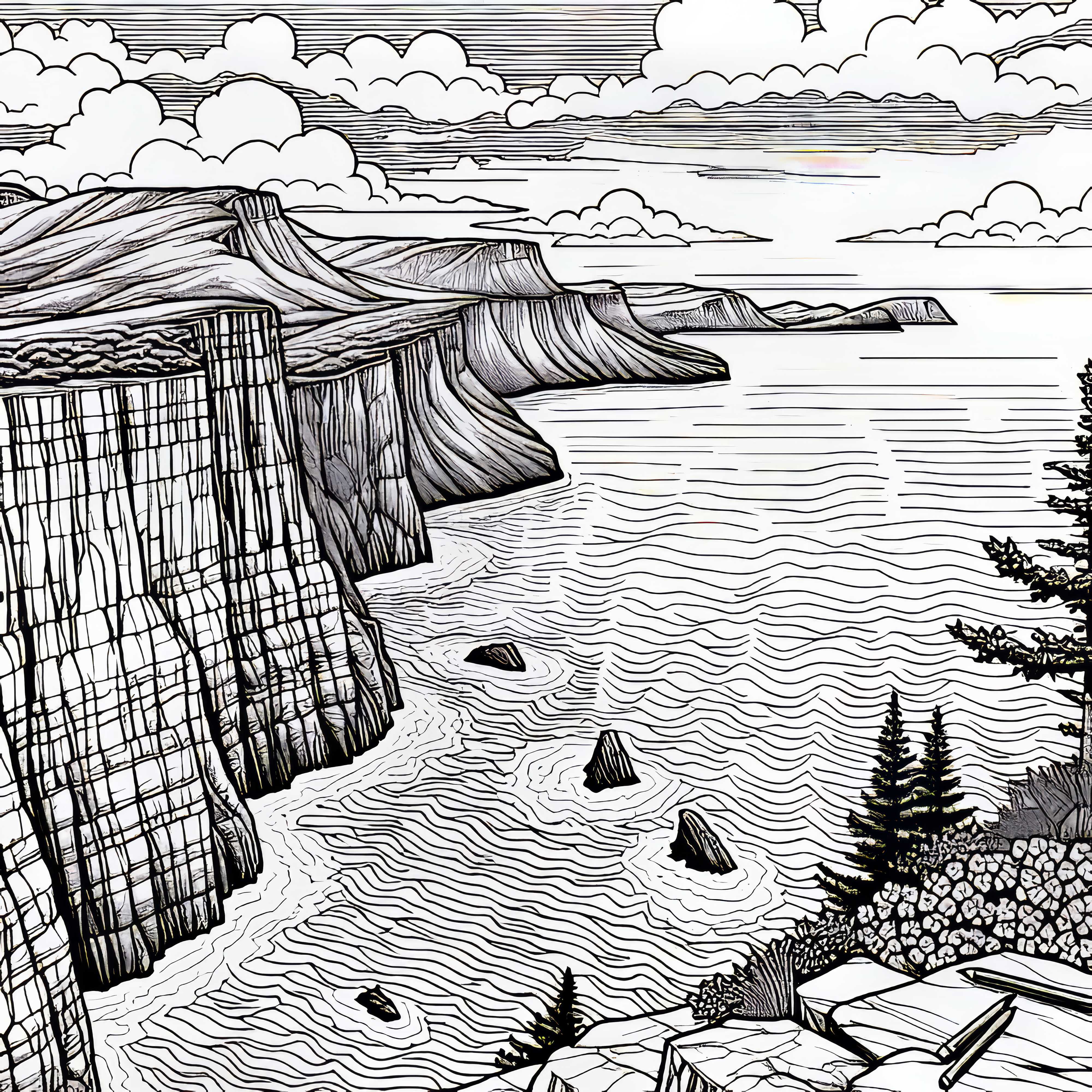 Изглед към широкото море с скали – безплатна картинка за оцветяване пейзаж Поглед към широкото море с cliffs – безплатна картина за оцветяване на пейзаж