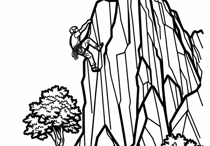 Climber ascends steep cliff coloring page free