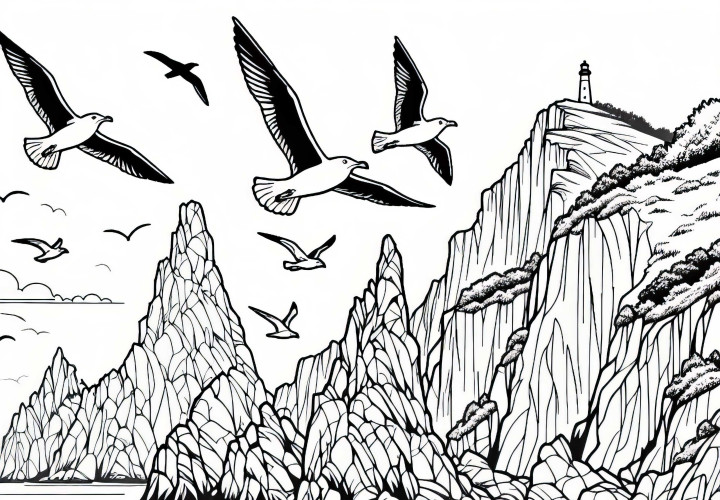 Чайки летят над скалистото крайбрежие с стръмни скали – безплатна оцветяване страница