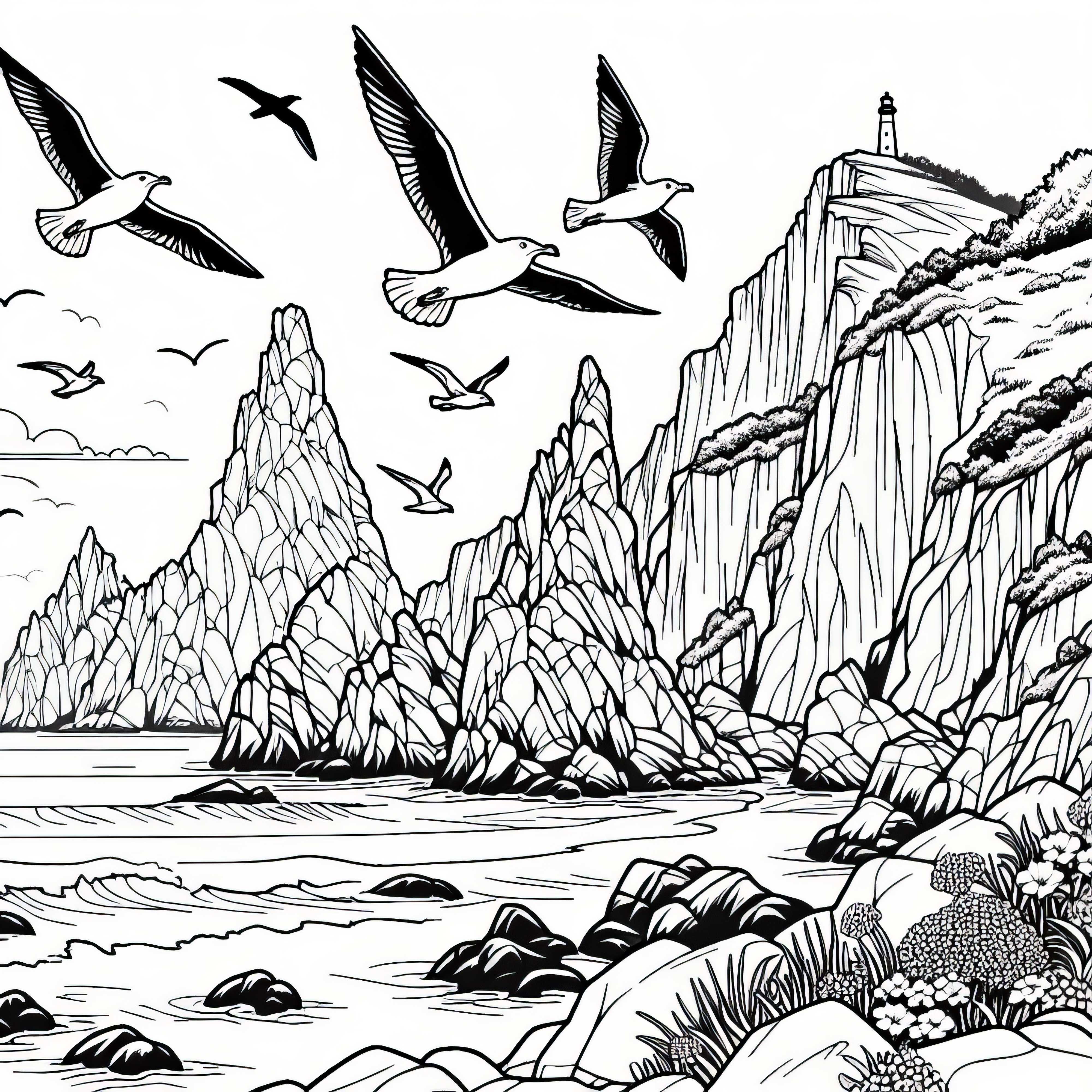 Чайки летят над скалистото крайбрежие с стръмни скали – безплатна оцветяваща страница Чайките летят над скалистия бряг с стръмни скали – безплатна оцветяваща страница