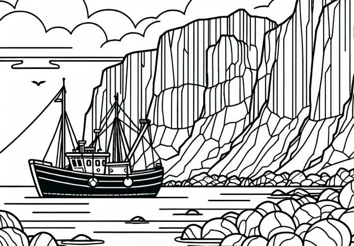 Fisherman’s cutter below a steep cliff – Download coloring page for free