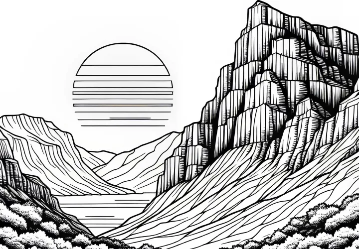 Sunset over a steep cliff coast – Free coloring page