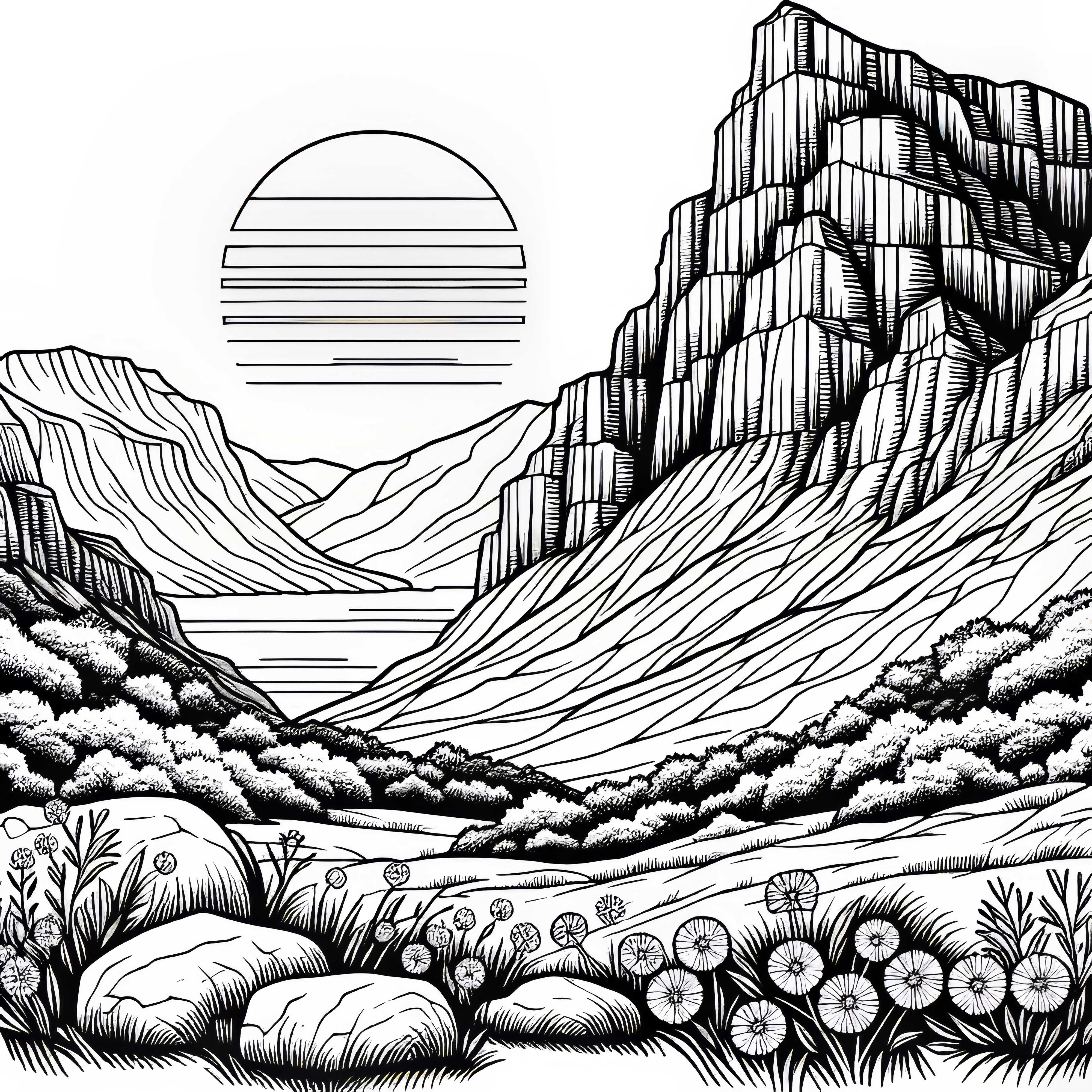Залез над стръмен скалист бряг - безплатна оцветяваща карта Залез над стръмен скалист бряг – шаблон за оцветяване безплатно