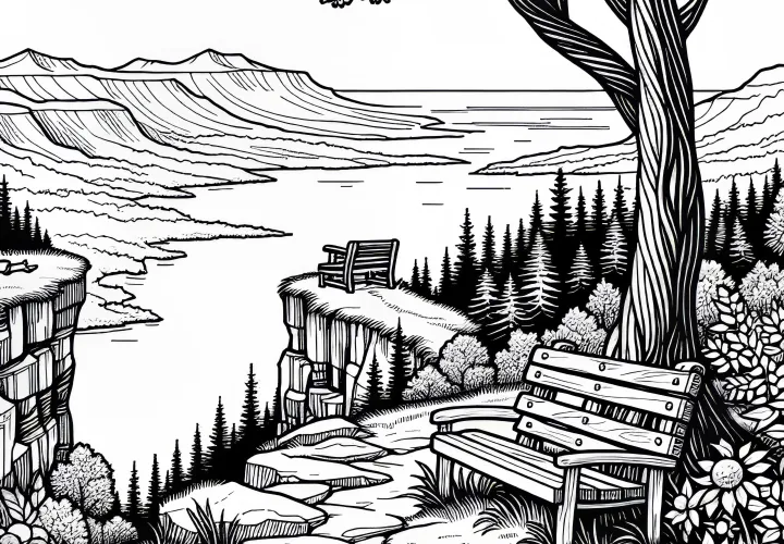 Lonely bench with a view from the cliff – Free coloring page