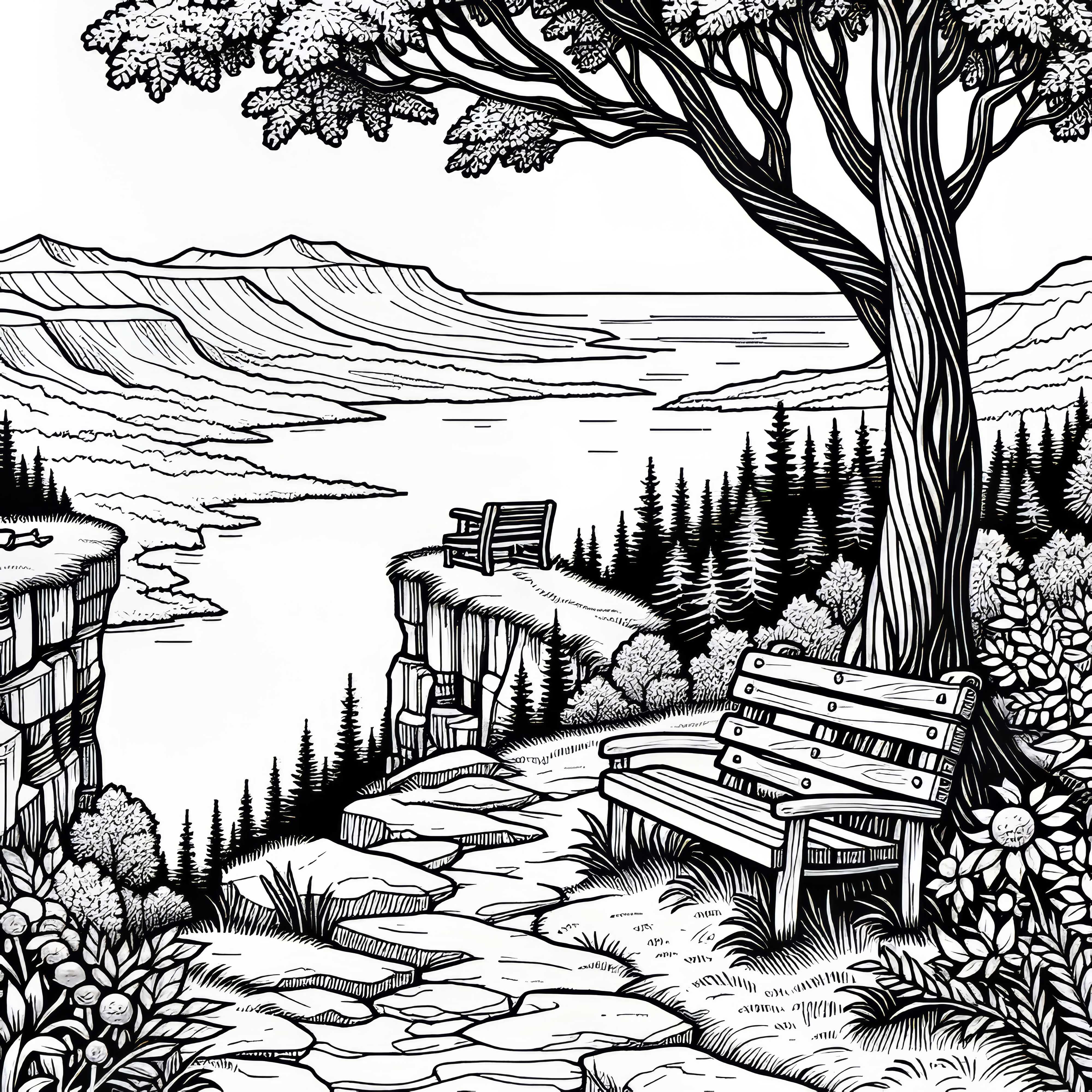 Самотна пейка с изглед от скалата – безплатна за оцветяване Самотна пейка с изглед от скалата – безплатна оцветяваща страница