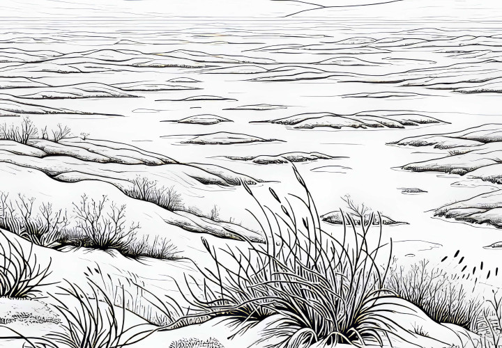 Endlose Weite mit Niedrigem Gras und Moosen – Ausmalbild Tundra Kostenlos