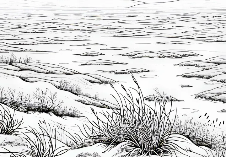 Endlose Weite mit Niedrigem Gras und Moosen – Ausmalbild Tundra Kostenlos