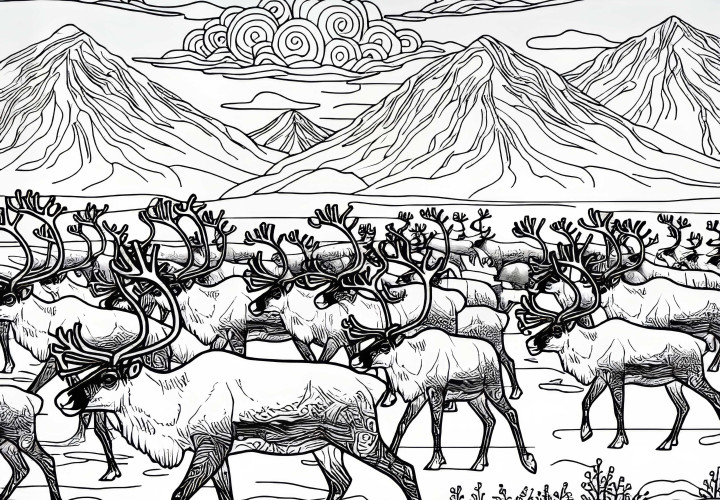 Rentierherde zieht durch die Tundra – Malvorlage kostenlos