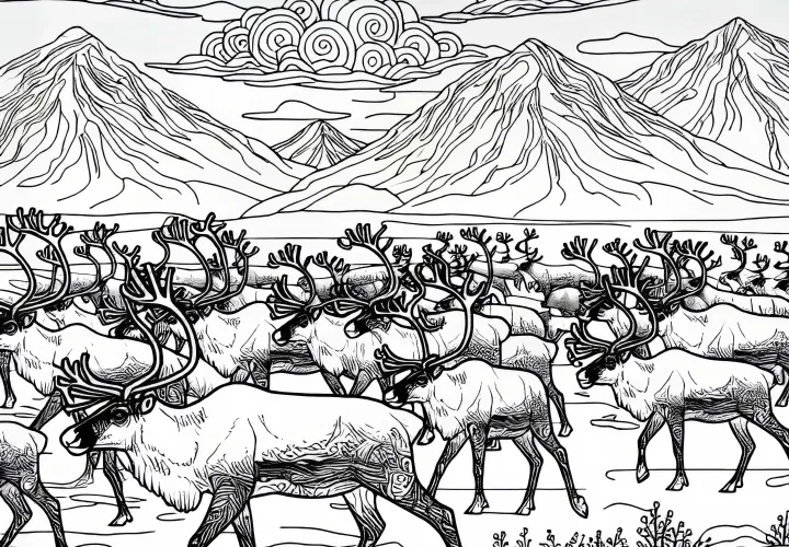 Rentierherde zieht durch die Tundra – Malvorlage kostenlos