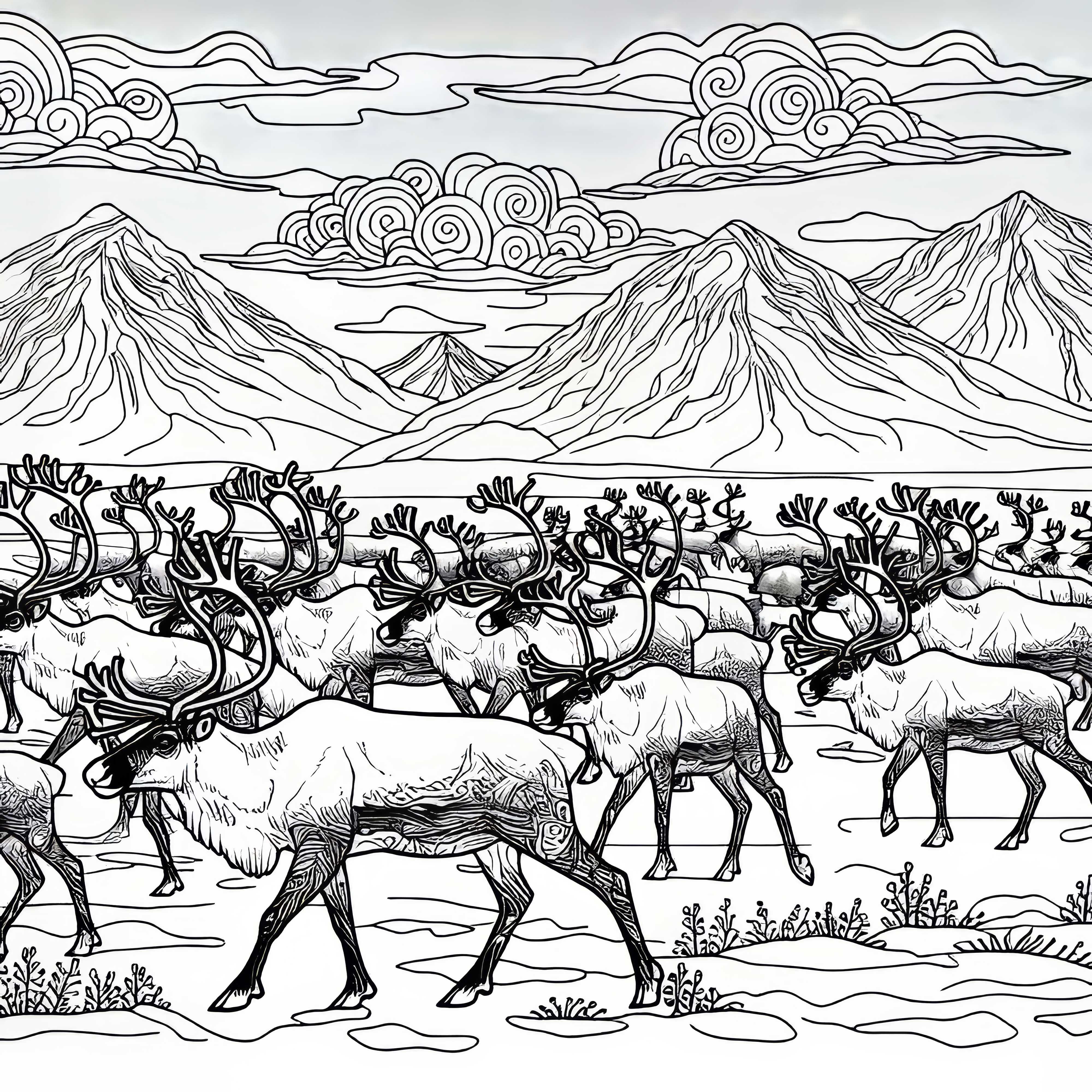 Rentierherde zieht durch die Tundra &ndash; Malvorlage kostenlos