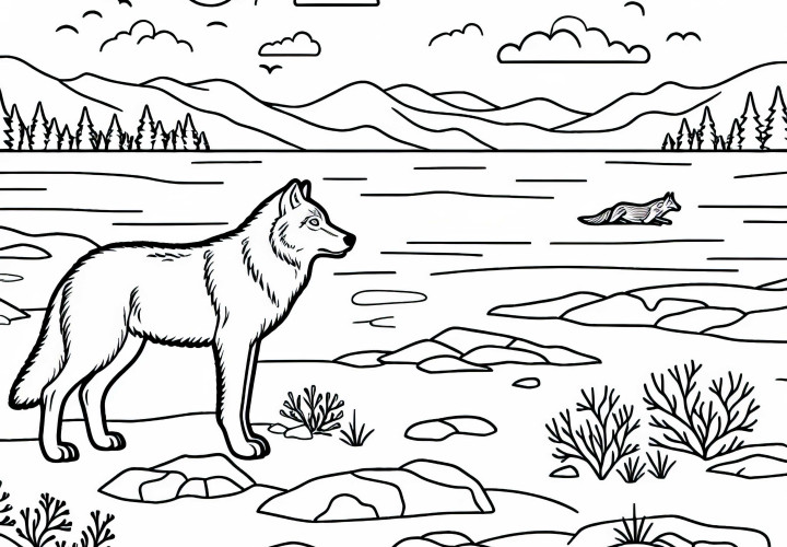 Вълкът наблюдава околността си в тундрата - безплатна оцветяваща страница