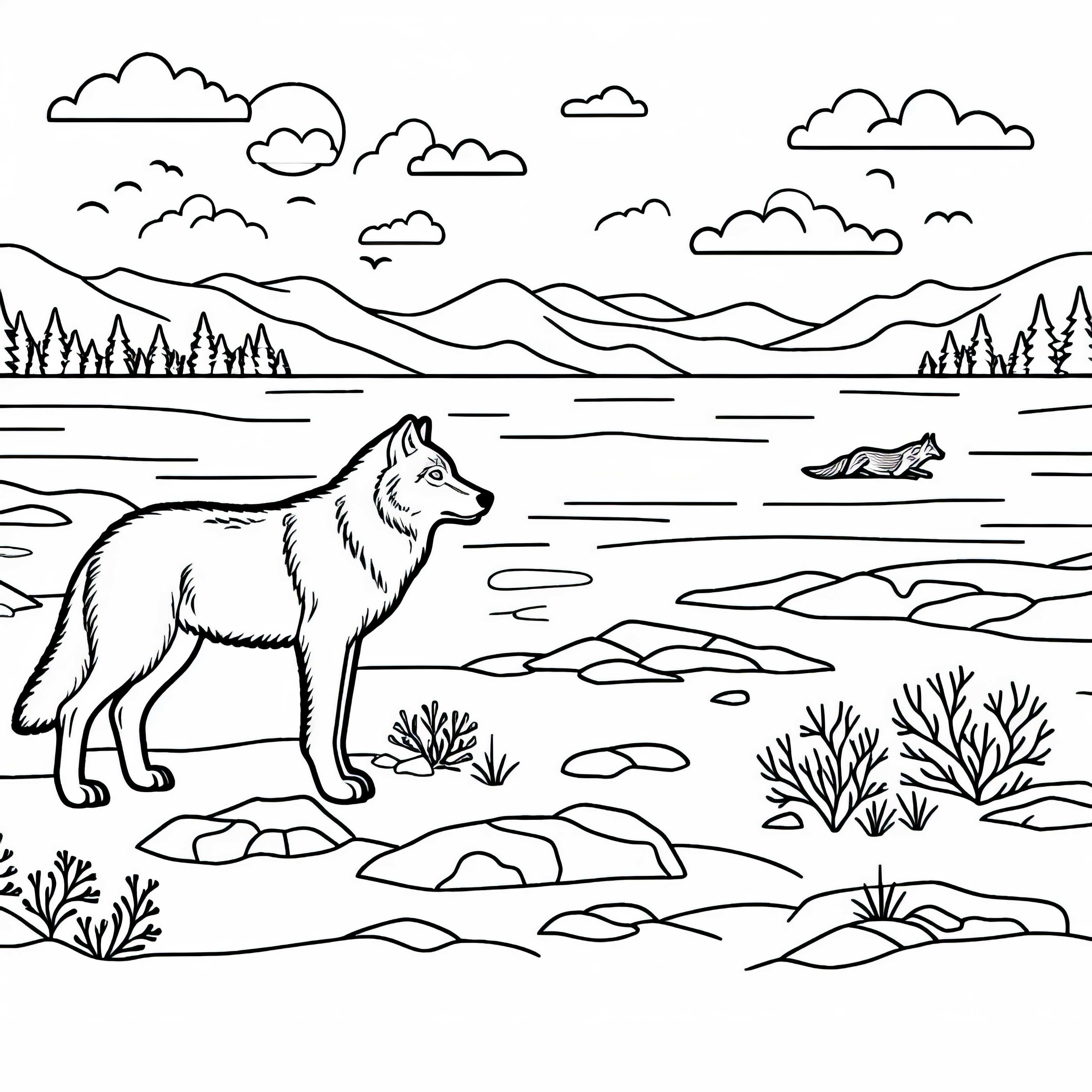 Вълкът наблюдава обстановката си в тундрата &ndash; безплатен шаблон за рисуване
