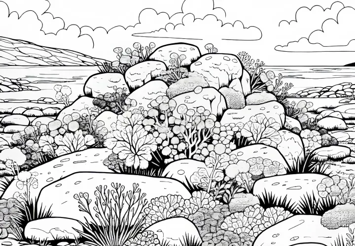 Colorful lichens and moss on rocks in tundra – Free coloring page
