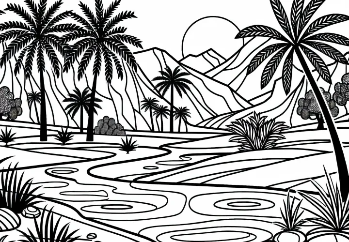 Palms and small water source in the desert – Free coloring page oasis