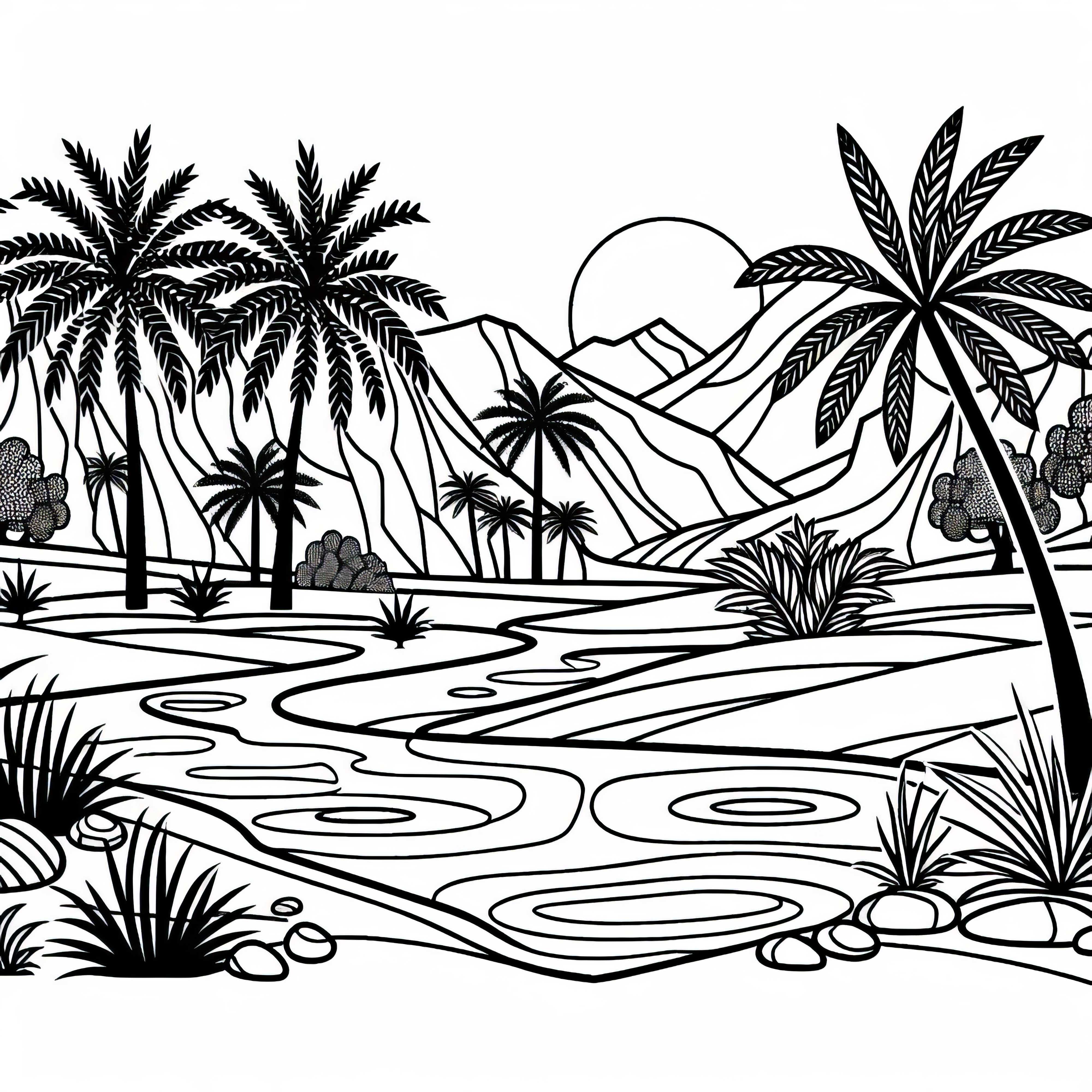 Дървета палми и малък водоизточник в пустинята &ndash; Оцветяваща картина на оазис безплатно