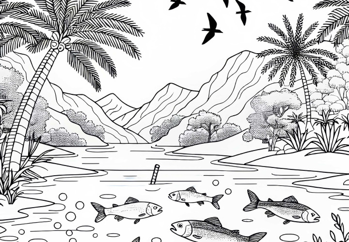 Klares Wasser mit Fischen und Vögeln in einer Oase – Ausmalbild kostenlos