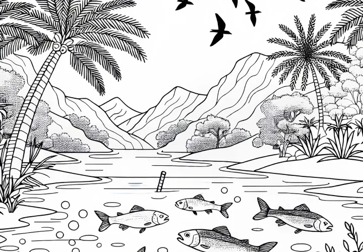 Klares Wasser mit Fischen und Vögeln in einer Oase – Ausmalbild kostenlos