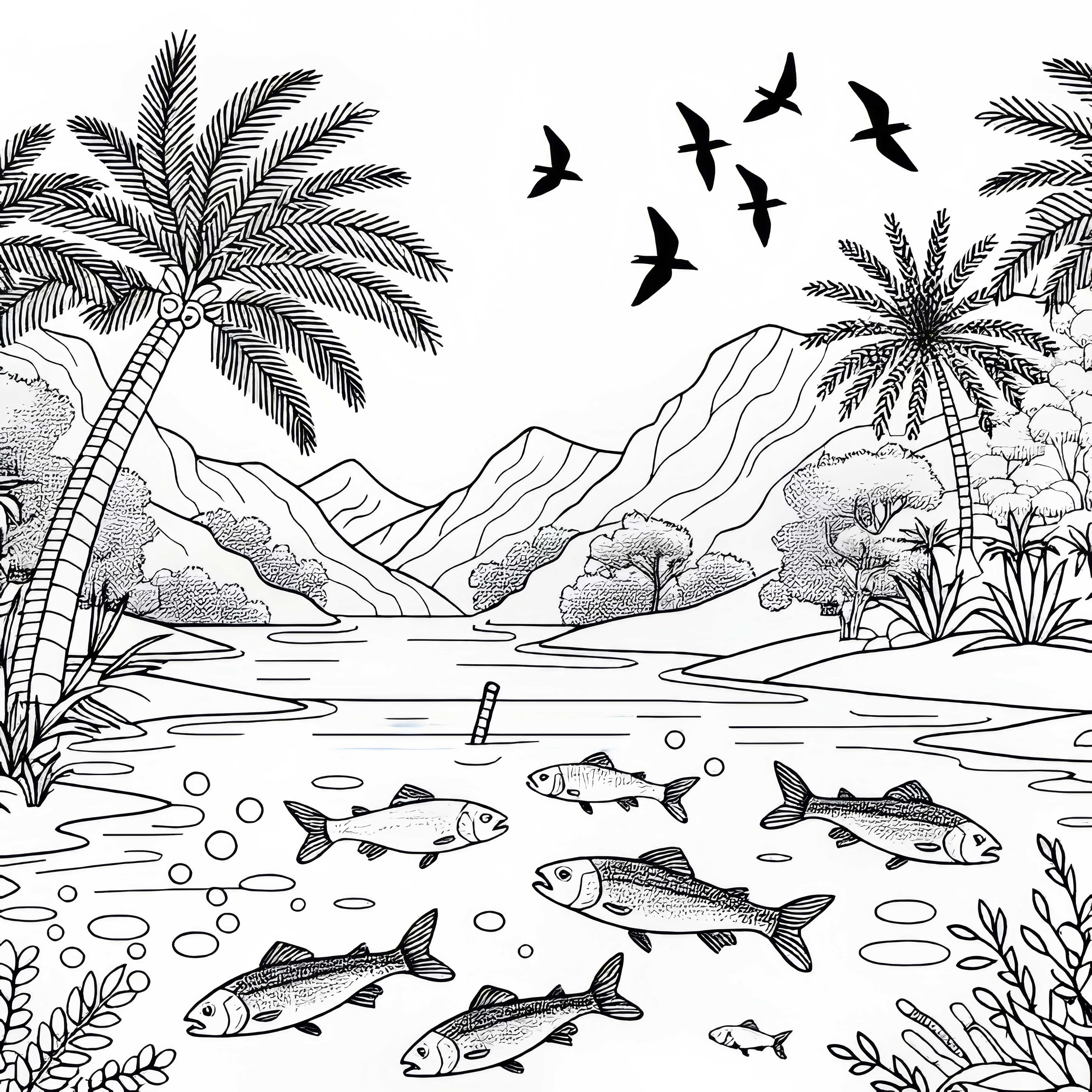 Klares Wasser mit Fischen und V&ouml;geln in einer Oase &ndash; Ausmalbild kostenlos