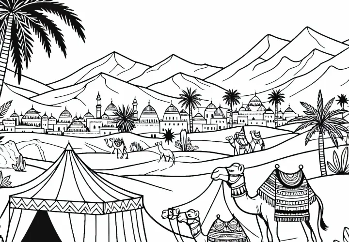 Bedouin camp with tents and camels in the desert - Free download coloring page oasis