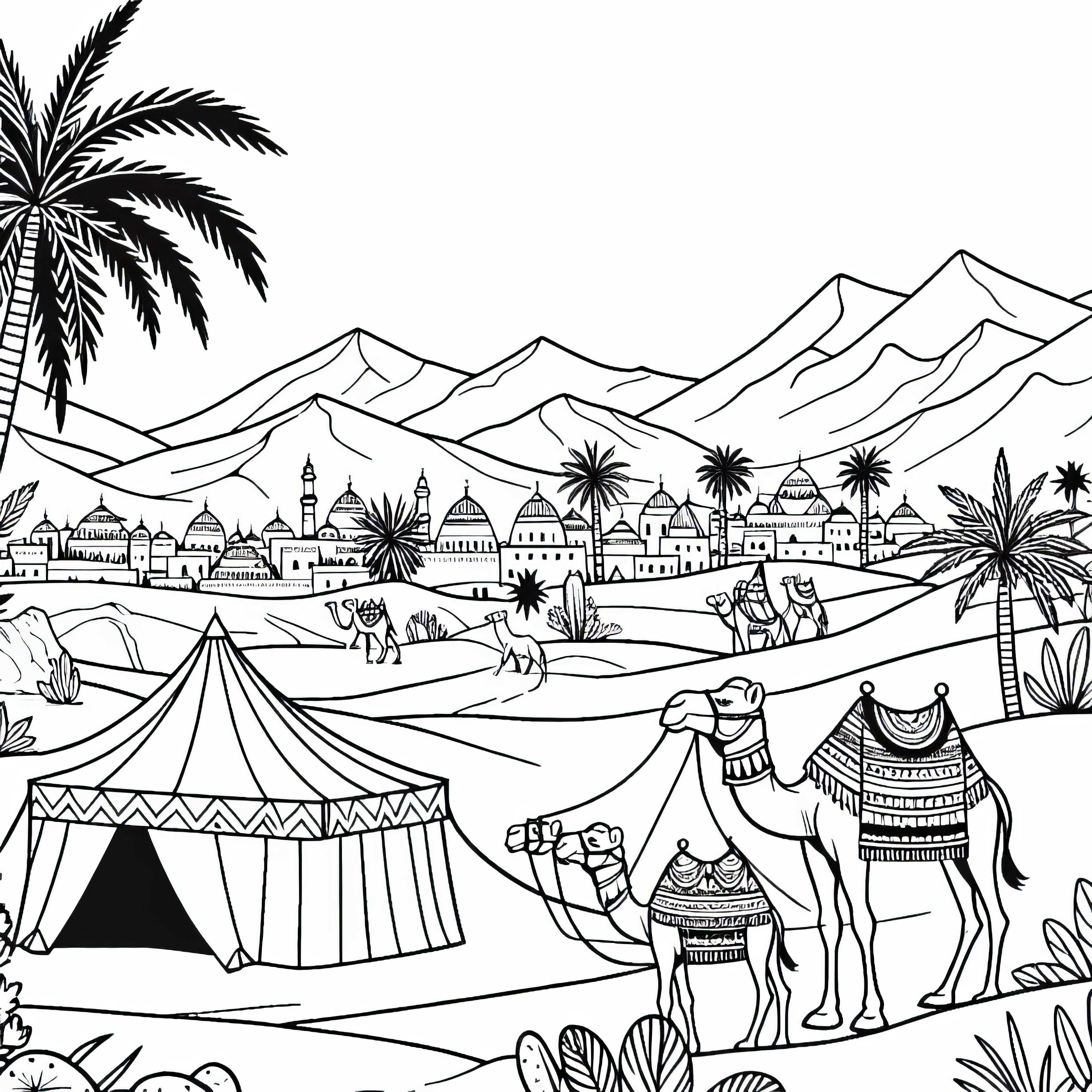 Бедуински лагер с палатки и камили в пустинята - безплатно изтегляне на оцветяваща страница Оазис