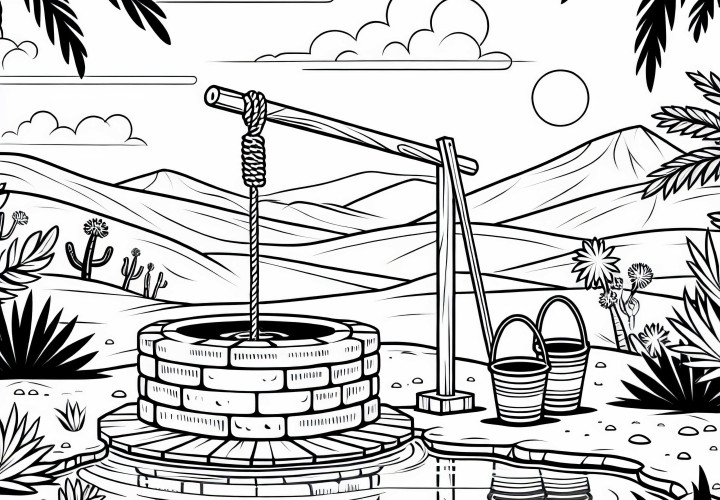 Brunnen mit Eimern in Oase – Malvorlage Kostenlos