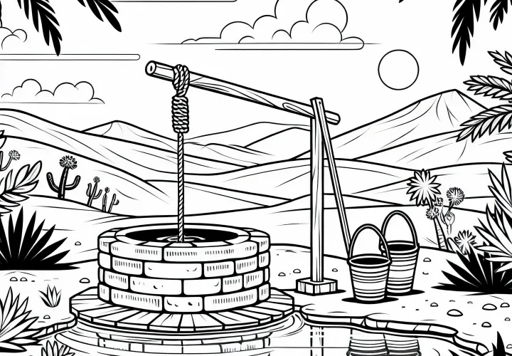Brunnen mit Eimern in Oase – Malvorlage Kostenlos