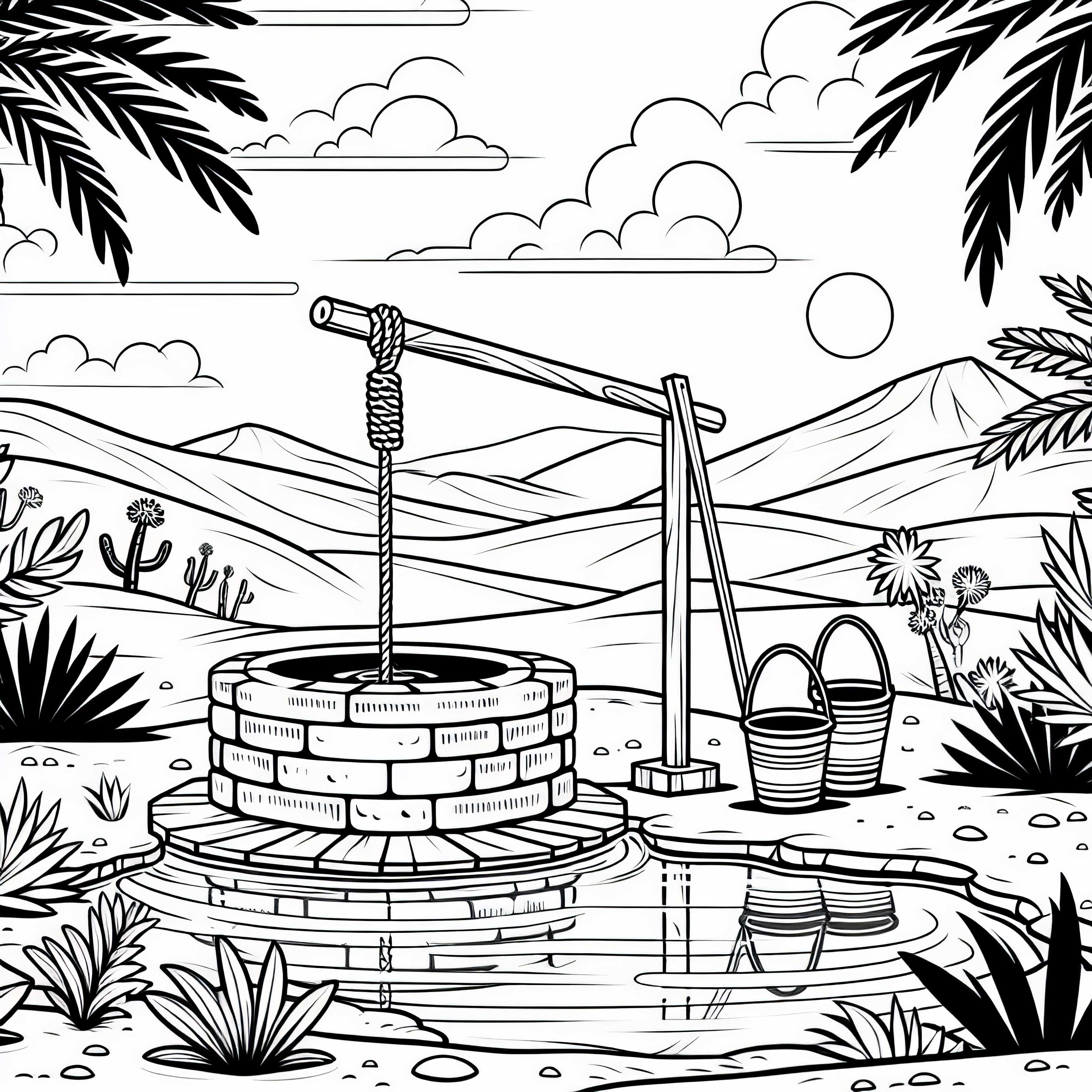 Brunnen mit Eimern in Oase &ndash; Malvorlage Kostenlos