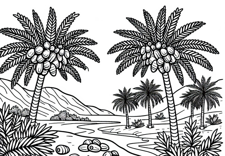 Dattelpalmen mit reifen Früchten in Oase – Ausmalbild kostenlos