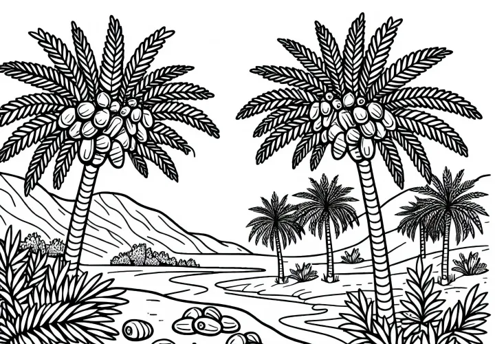 Dattelpalmen mit reifen Früchten in Oase – Ausmalbild kostenlos
