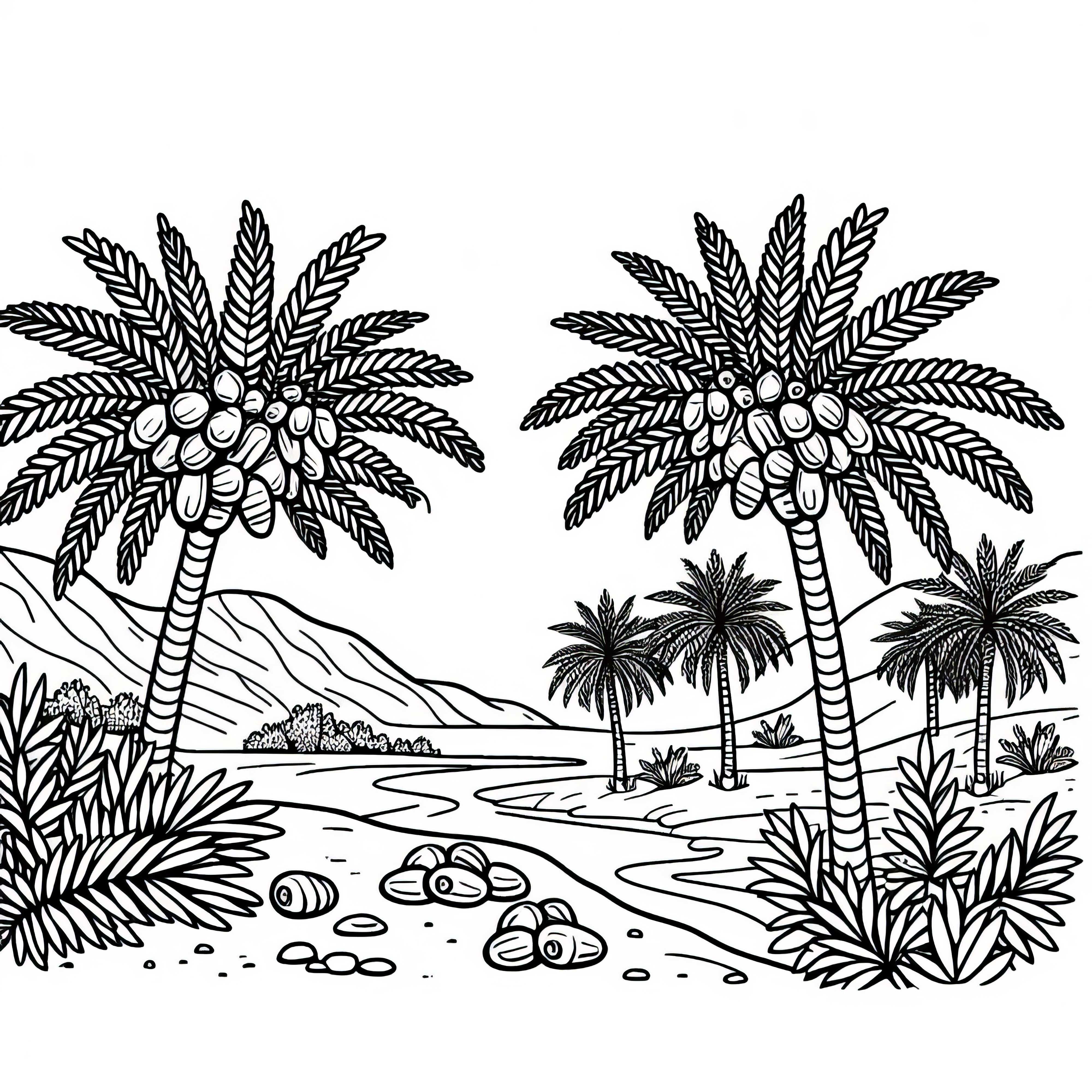 Dattelpalmen mit reifen Fr&uuml;chten in Oase &ndash; Ausmalbild kostenlos