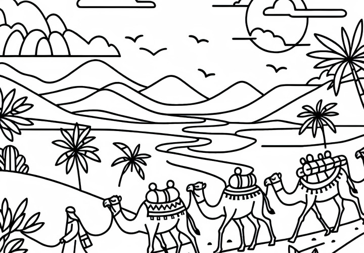 Karawane erreicht grüne Oase – Ausmalbild kostenlos