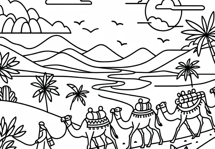 Karawane erreicht grüne Oase – Ausmalbild kostenlos