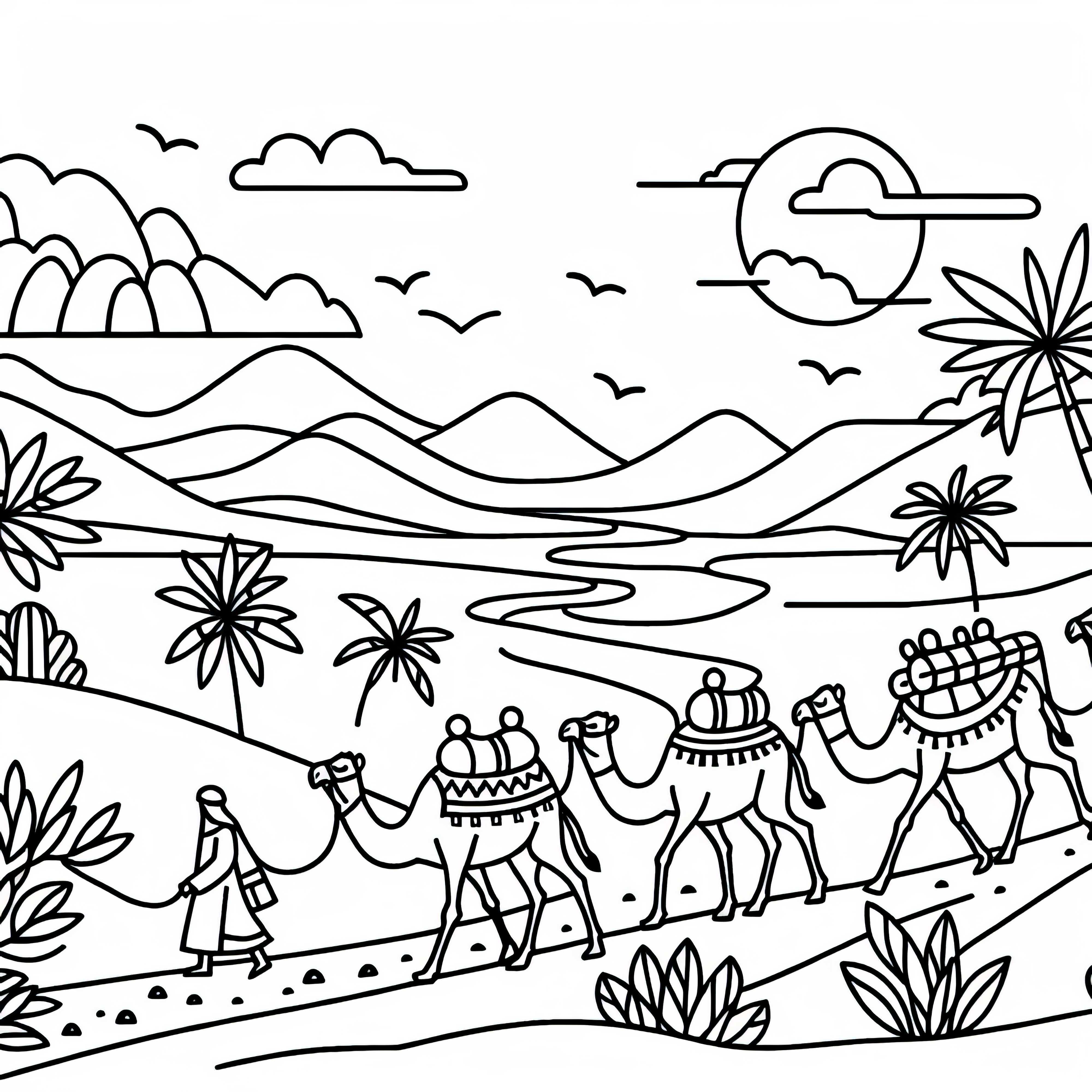 Karawane erreicht gr&uuml;ne Oase &ndash; Ausmalbild kostenlos