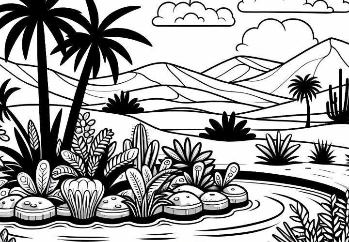 Dürren Landschaft um die Oase herum – Malvorlage gratis