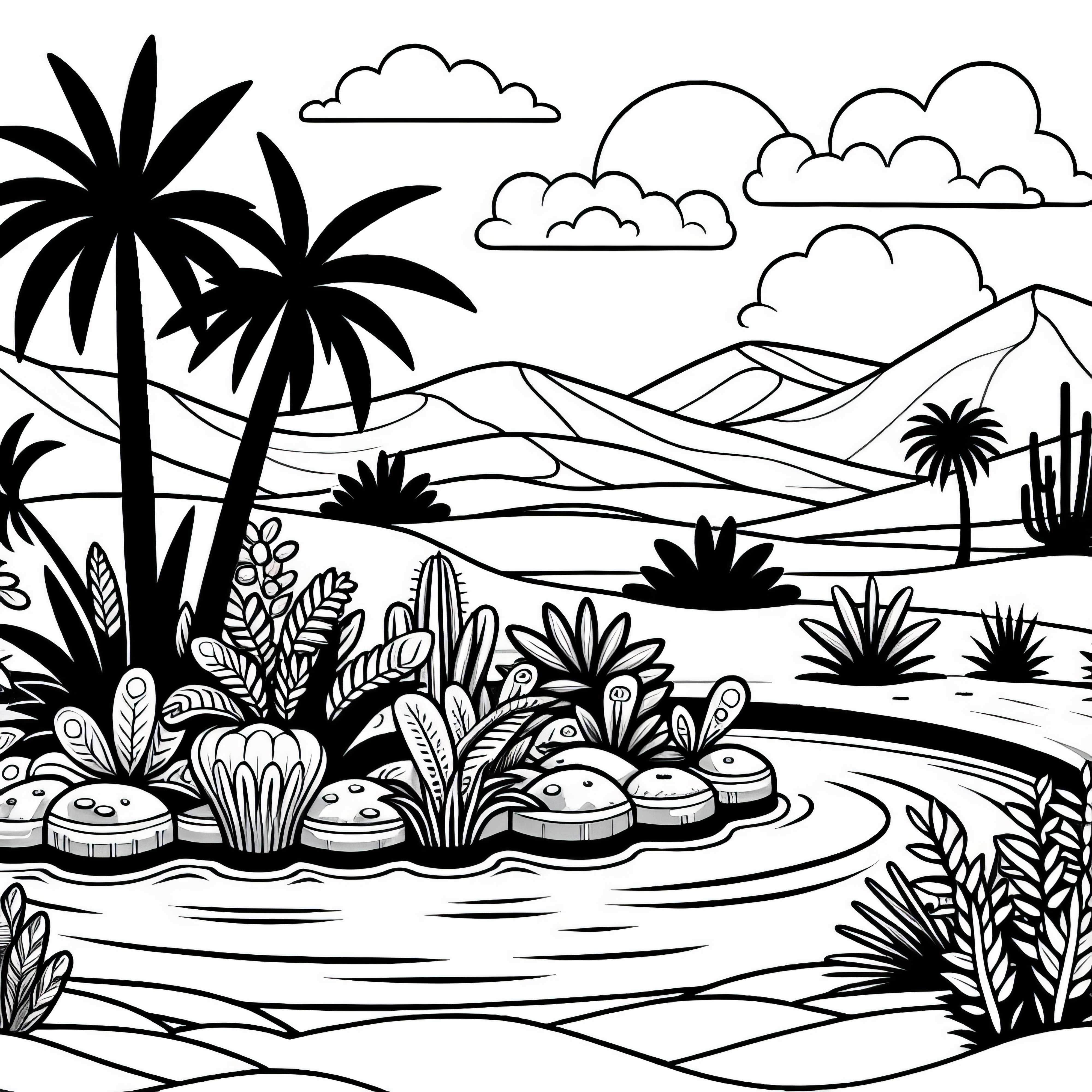 D&uuml;rren Landschaft um die Oase herum &ndash; Malvorlage gratis