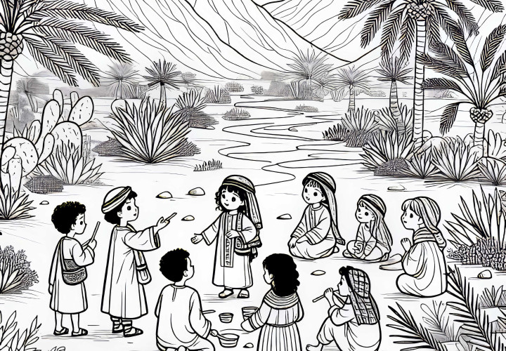 Kinder spielen in einer Oase – Ausmalbild kostenlos herunterladen