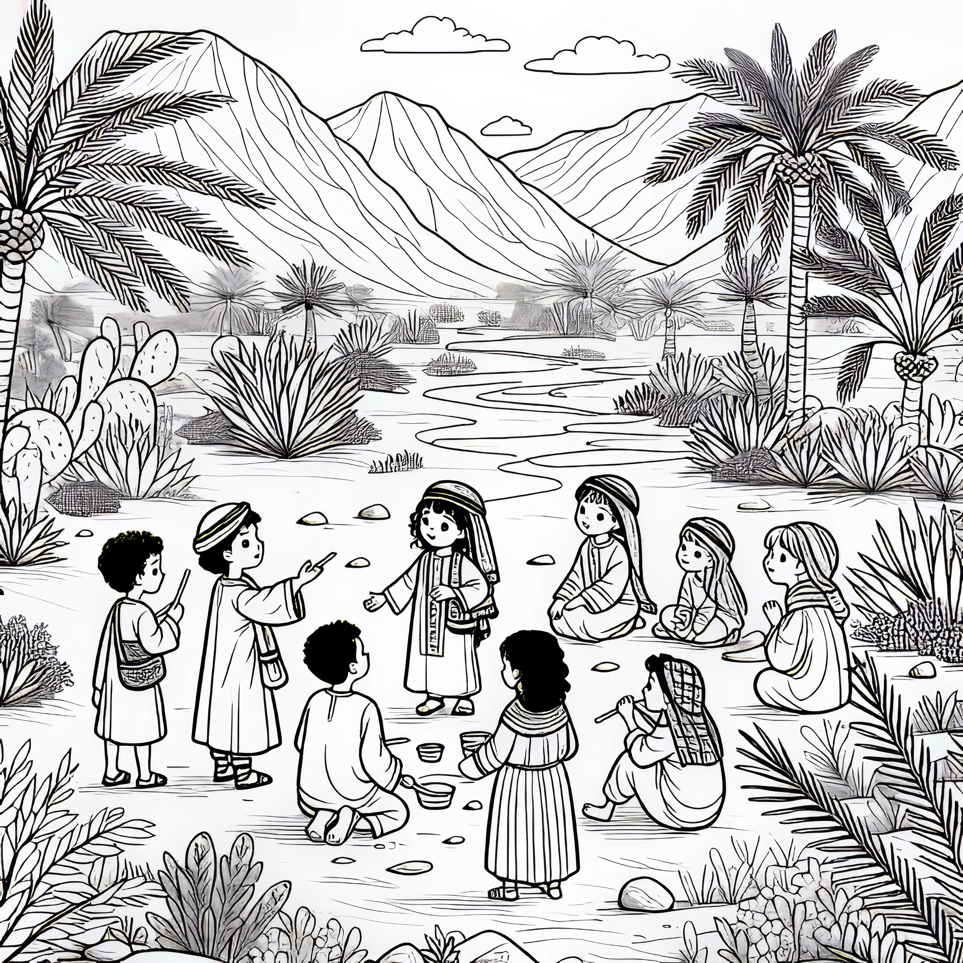 Kinder spielen in einer Oase &ndash; Ausmalbild kostenlos herunterladen