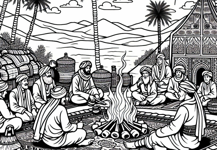 Nomaden lagern mit Teppichen und Lagerfeuer in der Oase - Ausmalbild